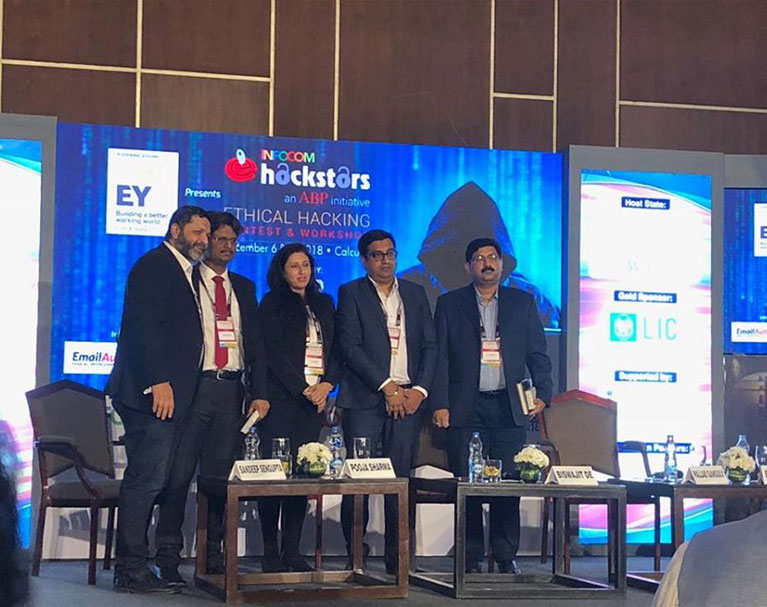 ISOEH Director Sandeep Sengupta with Honorable Panelists At Infocom 2018 along with Chairperson Burgess Cooper, Partner – Information & Cyber Security, Ernst & Young LLP. The panelists were Pooja Sharma, Global Head NSS (IT) and CISO, Nihilent Ltd, Pallab Ganguly, Deputy Manager & CISO – Generation, CESC Ltd., Biswajit De, Senior Technical Consultant, Trend Micro